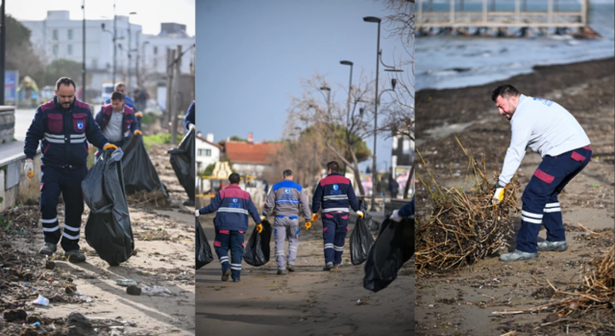 &Ccedil;anakkale&rsquo;de fırtına sonrası yeni kordonda temizlik &ccedil;alışması