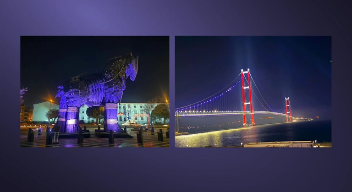 Truva Atı heykeli ile &Ccedil;anakkale K&ouml;pr&uuml;s&uuml; mor ışıkla aydınlatıldı