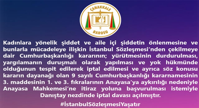 Çanakkale Barosu’ndan İstanbul Sözleşmesi’nden çekilme kararına iptal davası!